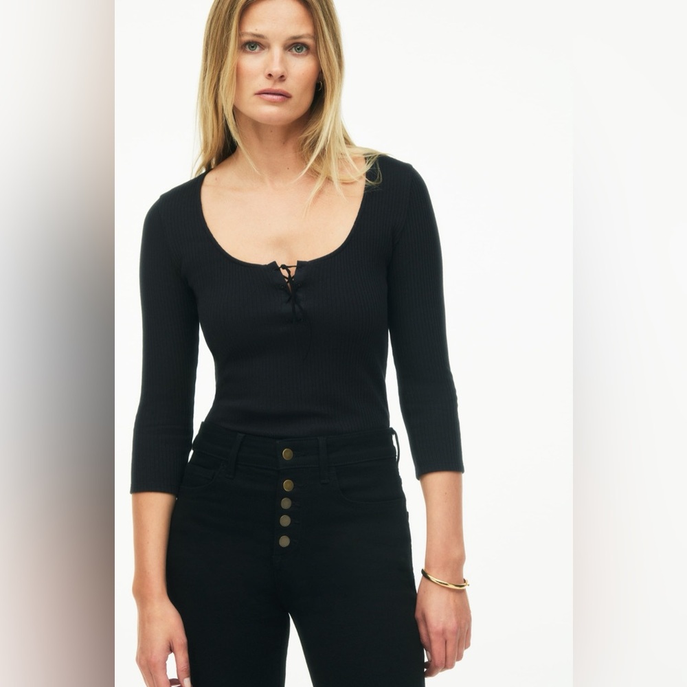 Zara Black Ribbed Top with Lace-Up Detail